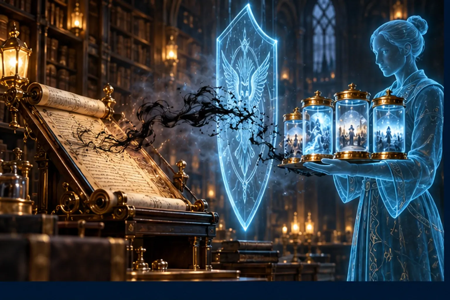 A thread of dark smoke rising from a scroll breaks against a glowing shield barrier protecting a row of memory jars.