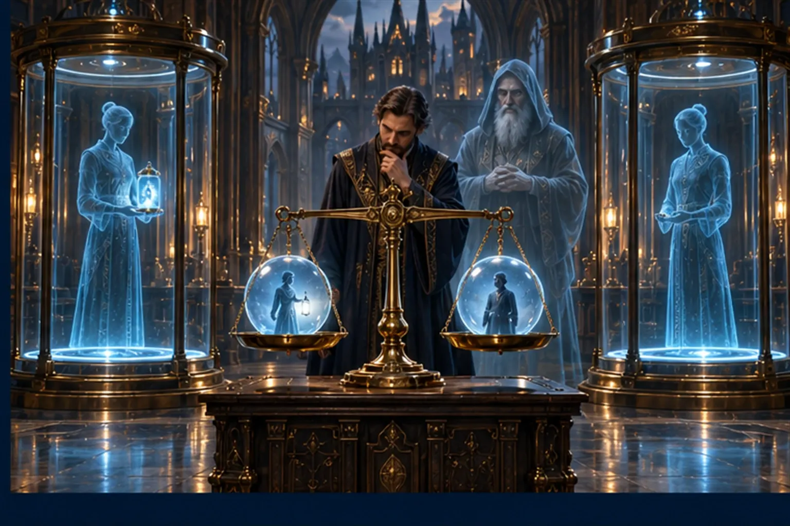 Two matching glass chambers hold the same cyan agent, one with a memory lantern, while a Wizard weighs the outcomes on a balance.