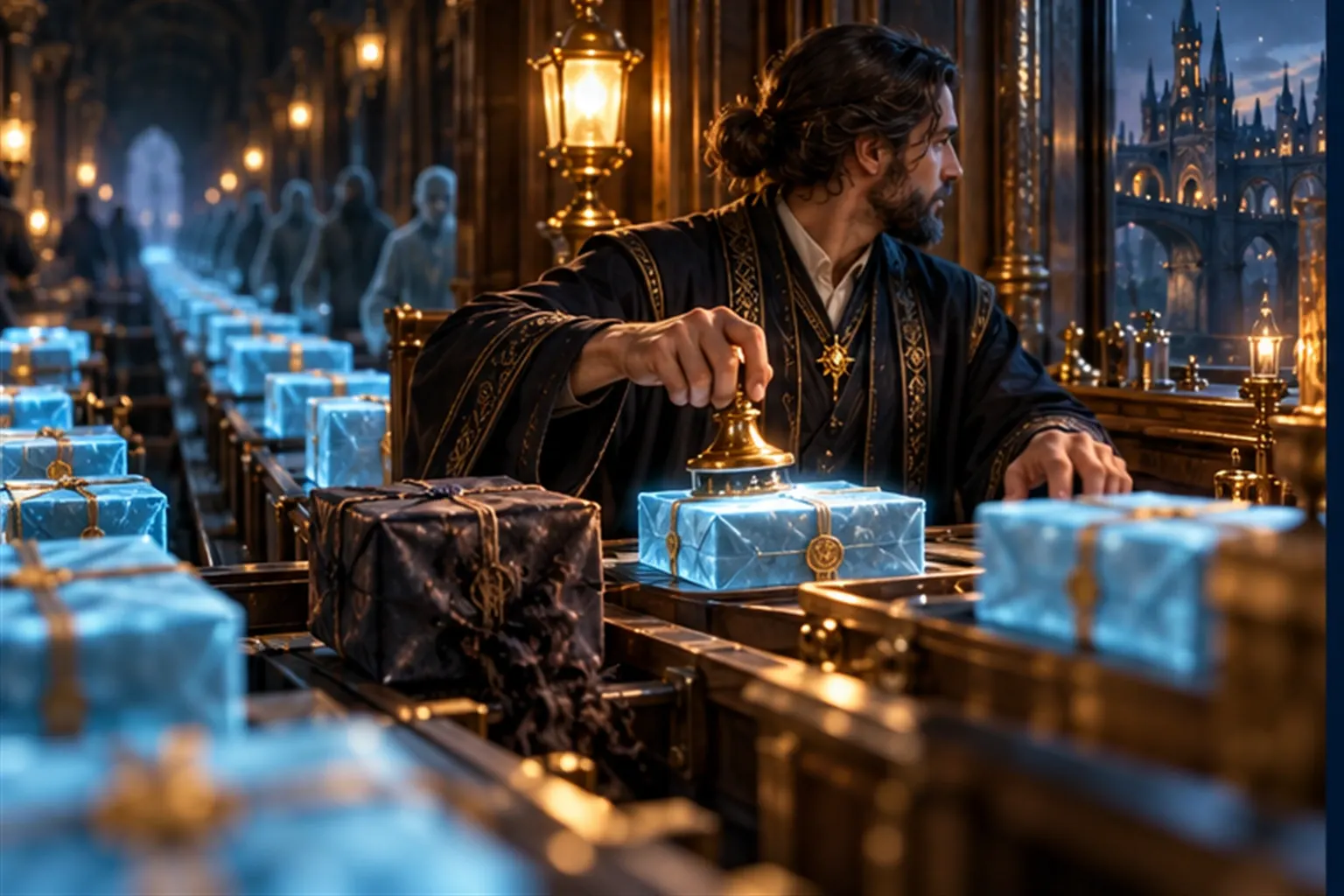 A Wizard stamps glowing parcels without looking while a long queue backs up and one dark parcel slips past.