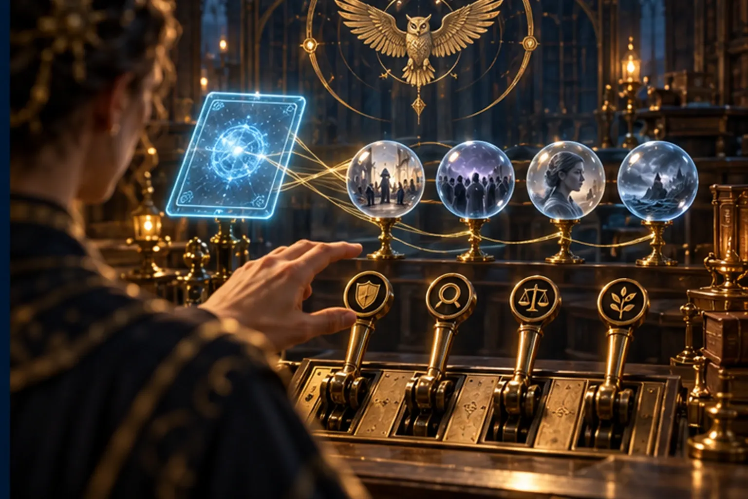 A Wizard's hand hovers over four brass levers in front of a glowing request tablet tethered to a few evidence orbs.
