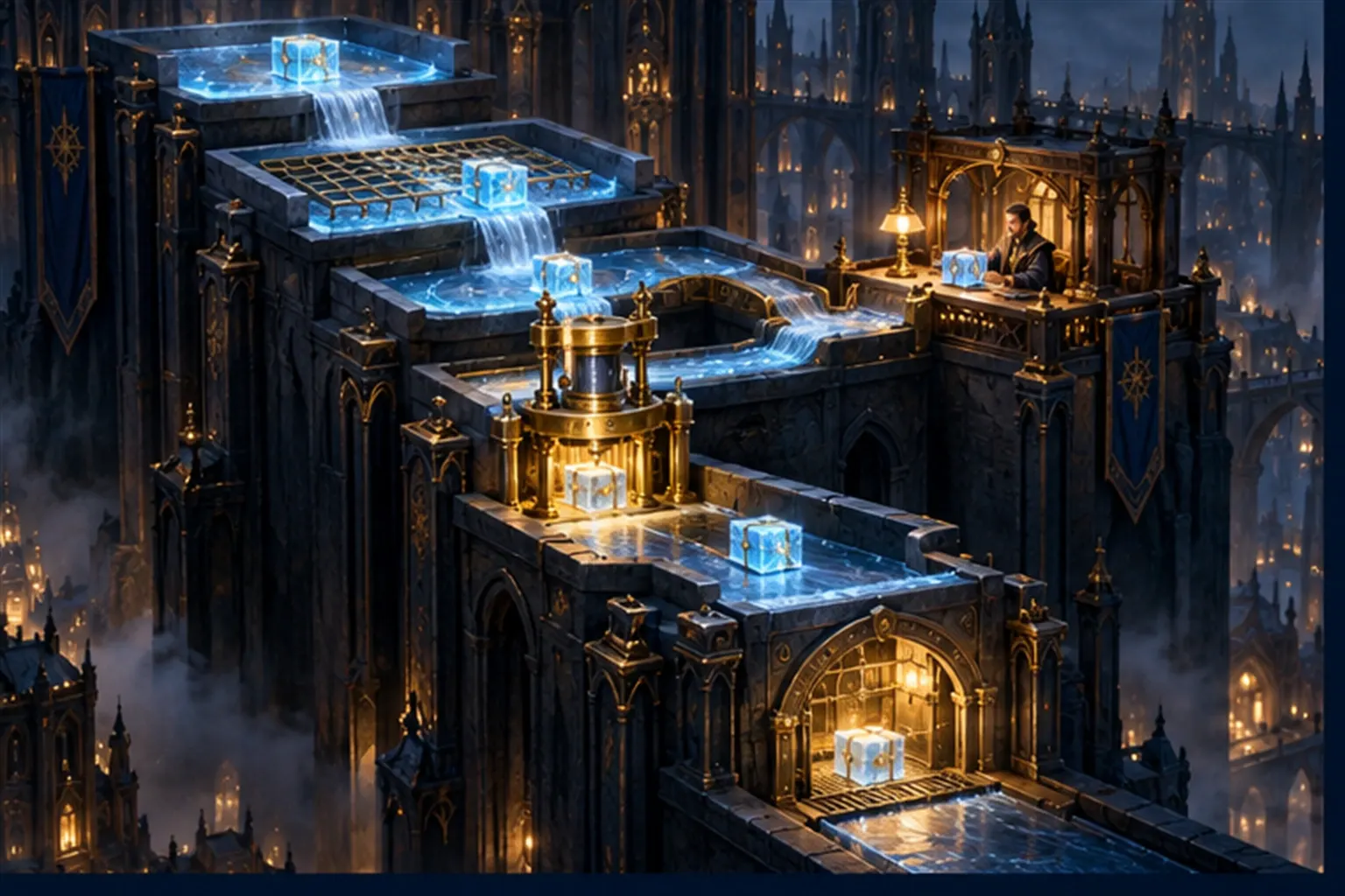 A cascade of six pools carrying a glowing parcel past a sieve, an approval desk, a gold press and into a record vault.