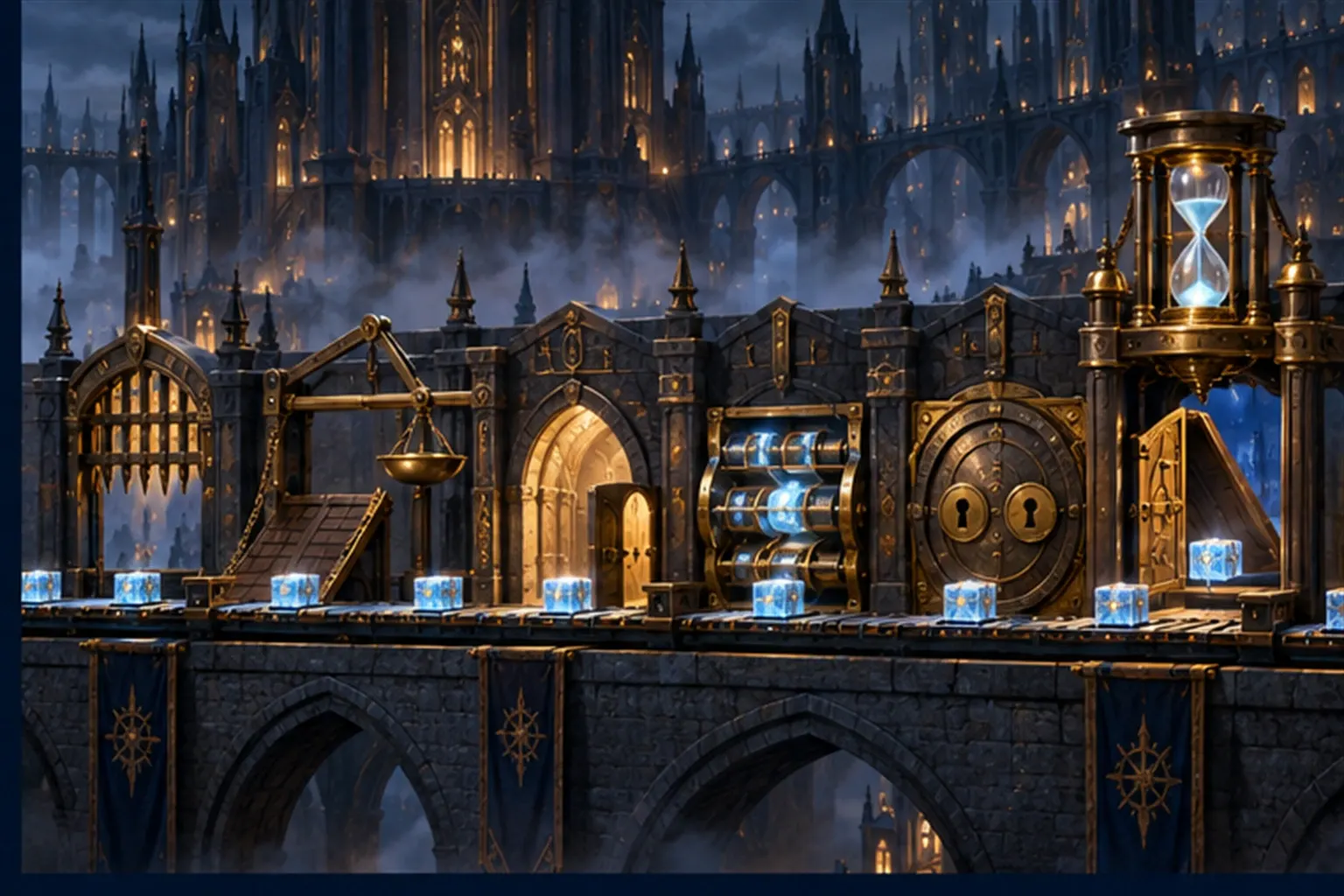 Seven distinct gate mechanisms along a stone wall: portcullis, drawbridge, weighted gate, side door, window, two-key vault and timed door.