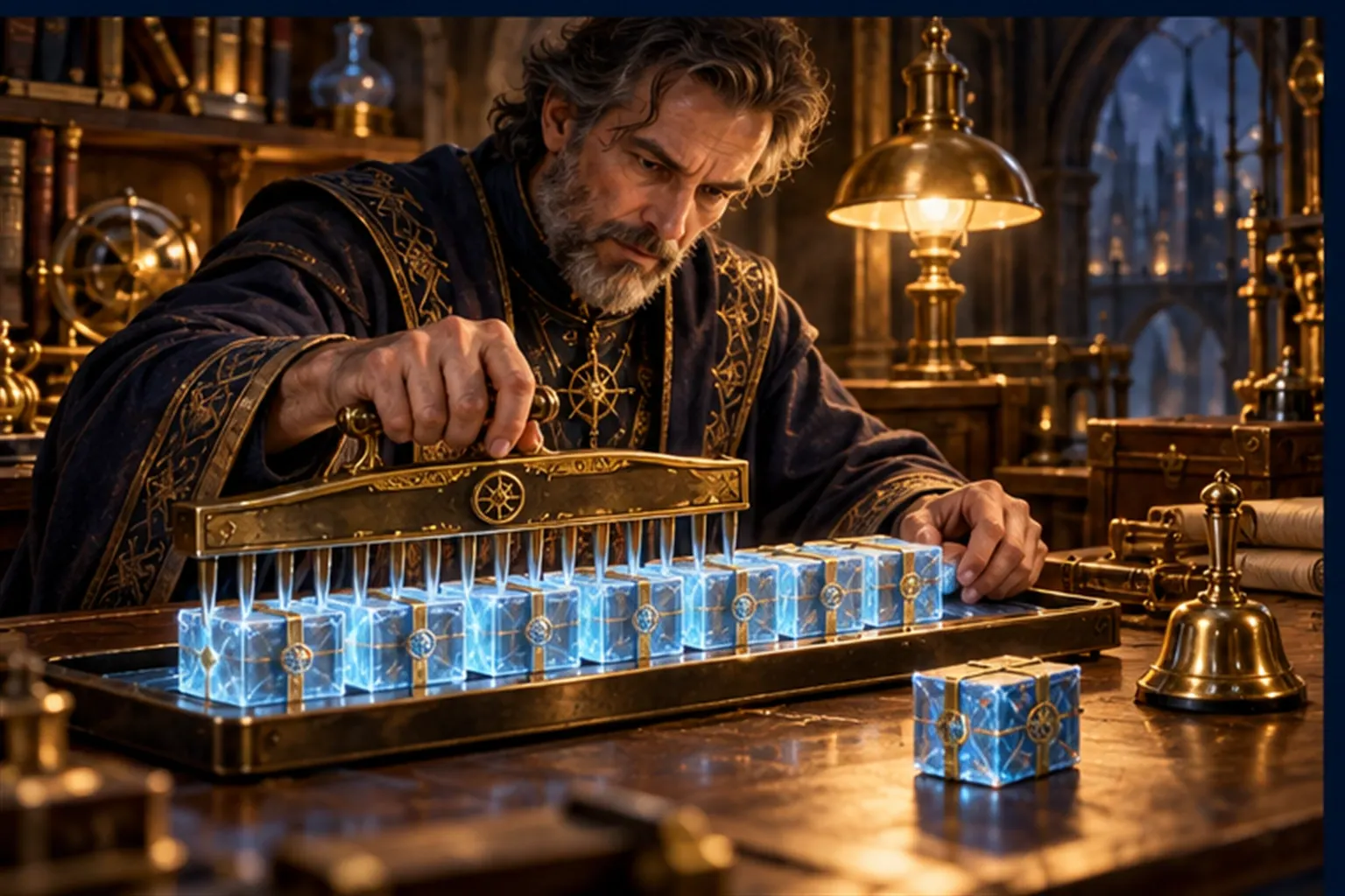 A Wizard stamps a whole tray of identical small parcels at once with a comb-like stamp, with one odd parcel set apart.