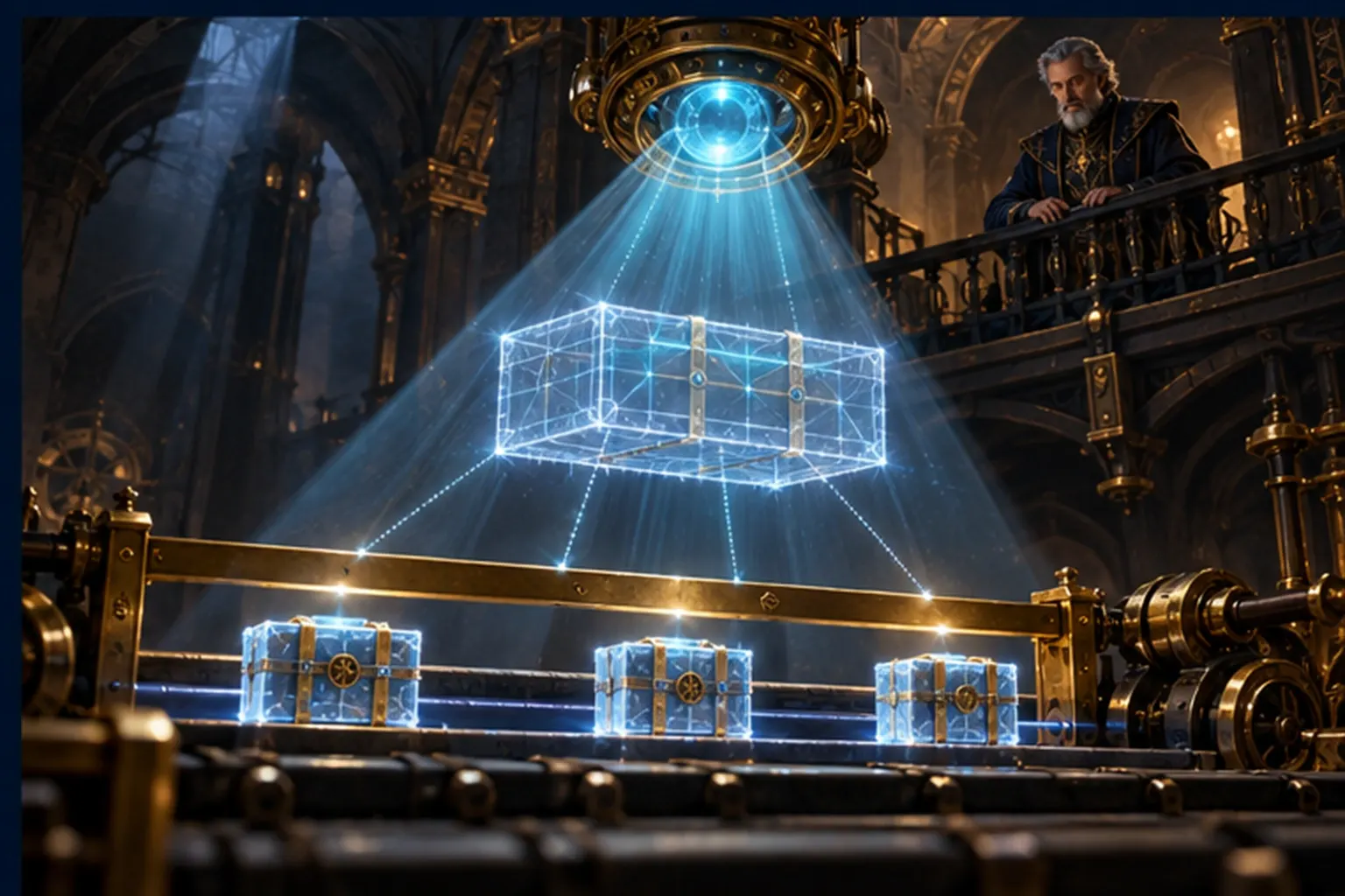 Three small crates pass under a low bar while a lens reveals thin lines joining them into one large crate.