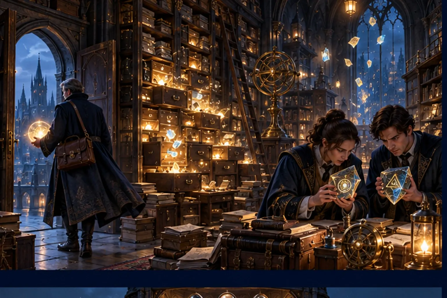 A Wizard carries a glowing orb out of a cluttered archive while two colleagues puzzle over mismatched twin stones.