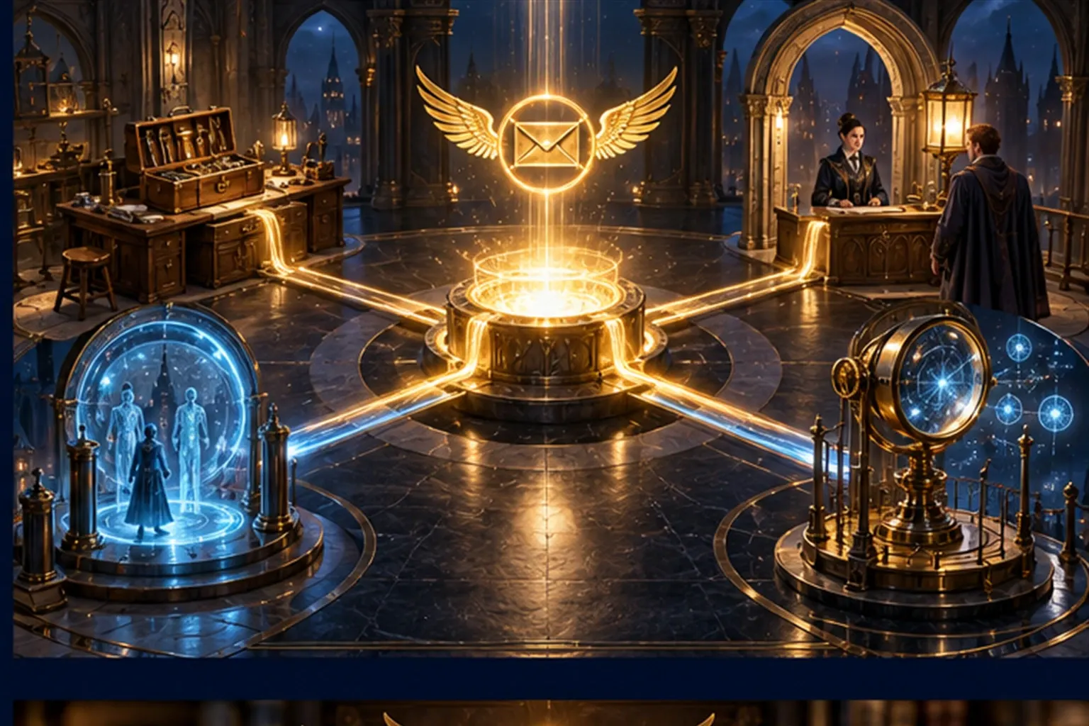 A central well of light with four conduits running to a workbench, a reception arch, a cyan portal and a brass lens.