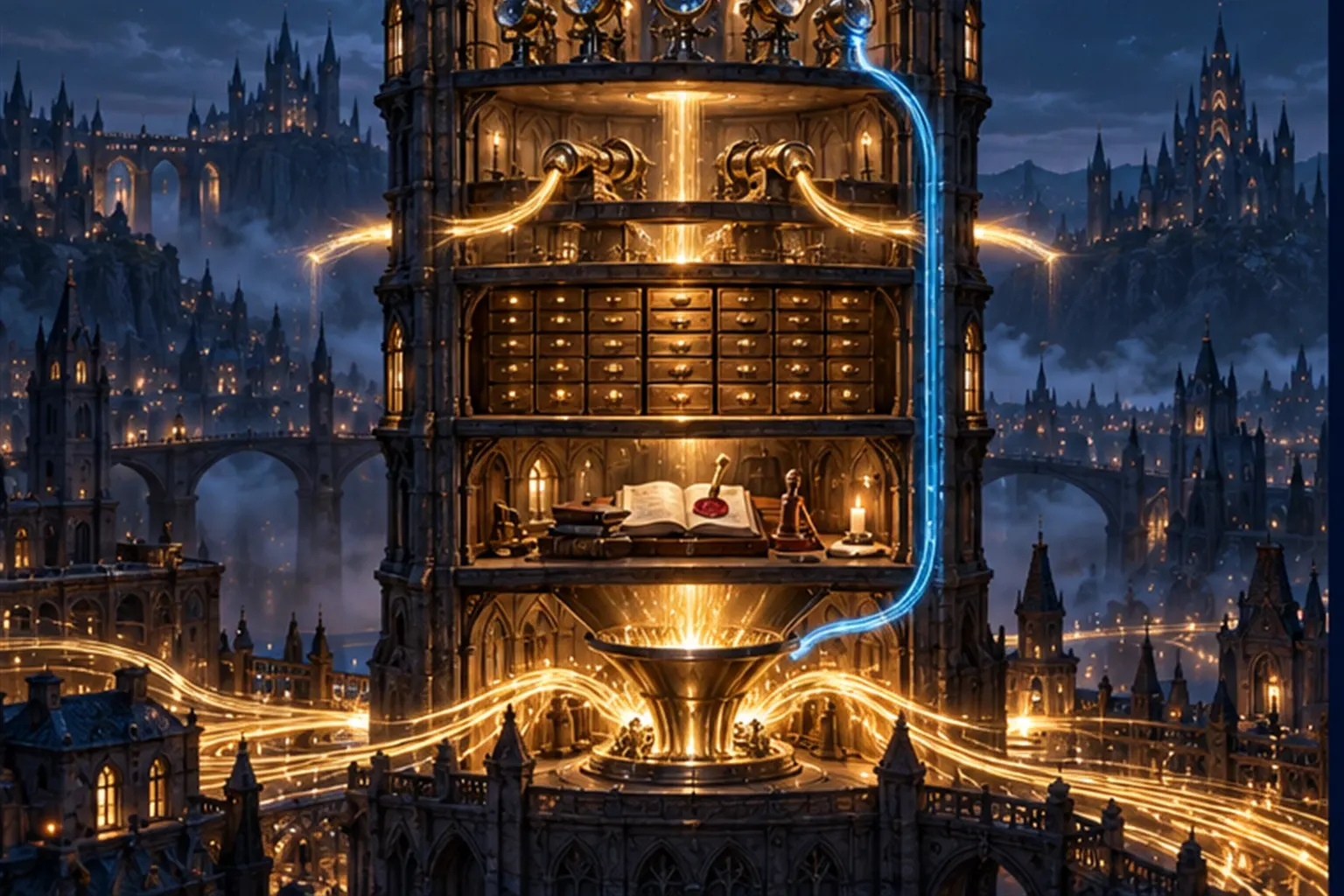 A five-floor cutaway tower with a funnel, a seal desk, a drawer vault, four outlet pipes and a lens ring, linked by a return loop.