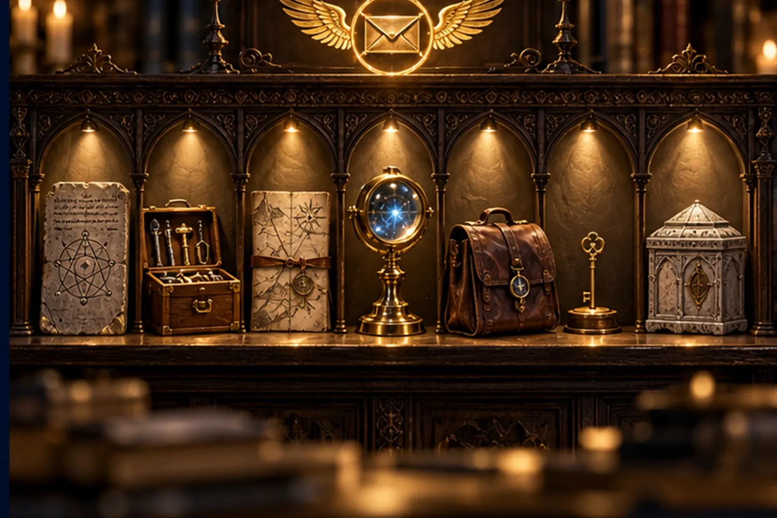 A library shelf holding seven different objects under small arches: a tablet, toolbox, map, lens, satchel, key and casket.