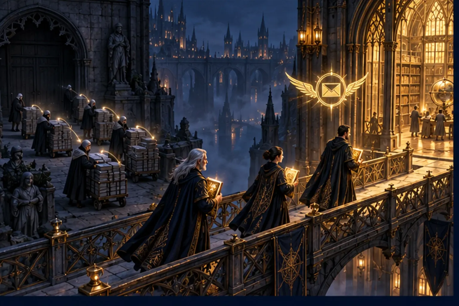 Wizards carry a few glowing books across a footbridge to a new library while grey stacks are wheeled into a sealed annex.