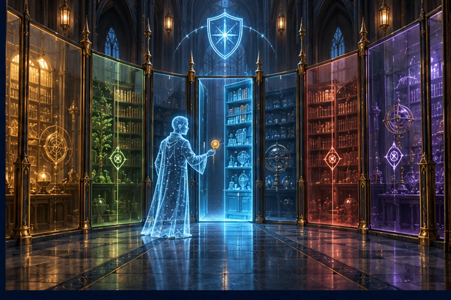 A cyan agent figure with a small token before a glass partition that opens only to its section of a long archive.