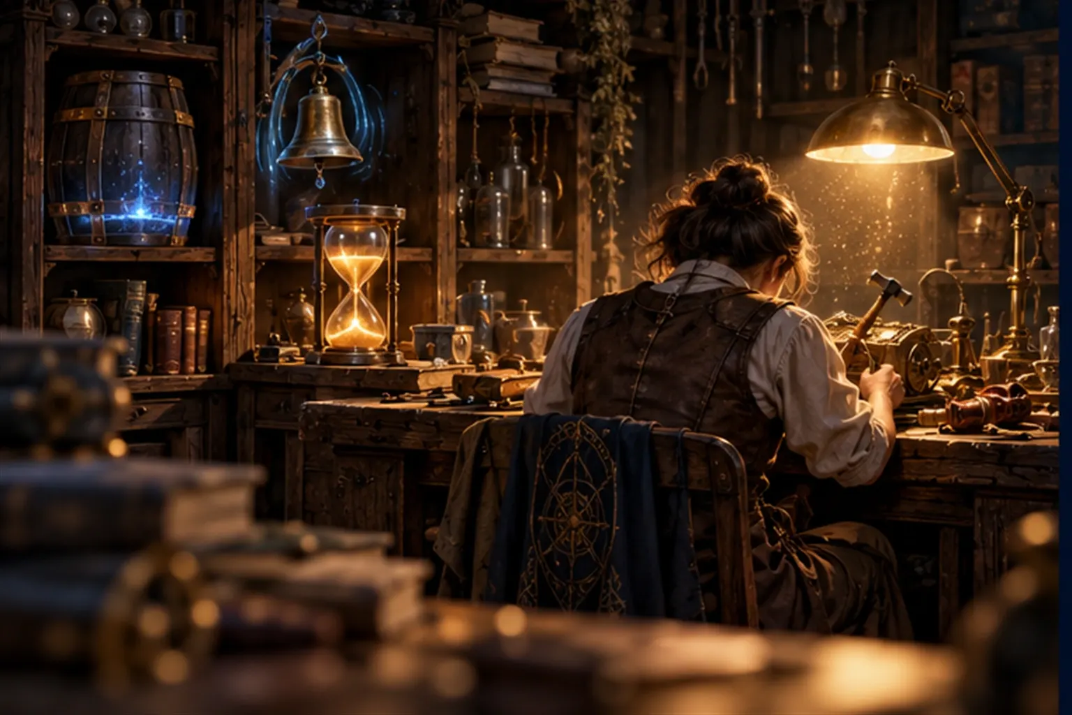 A Wizard hammers at a repair with her back turned while glowing instruments on shelves flicker unnoticed.