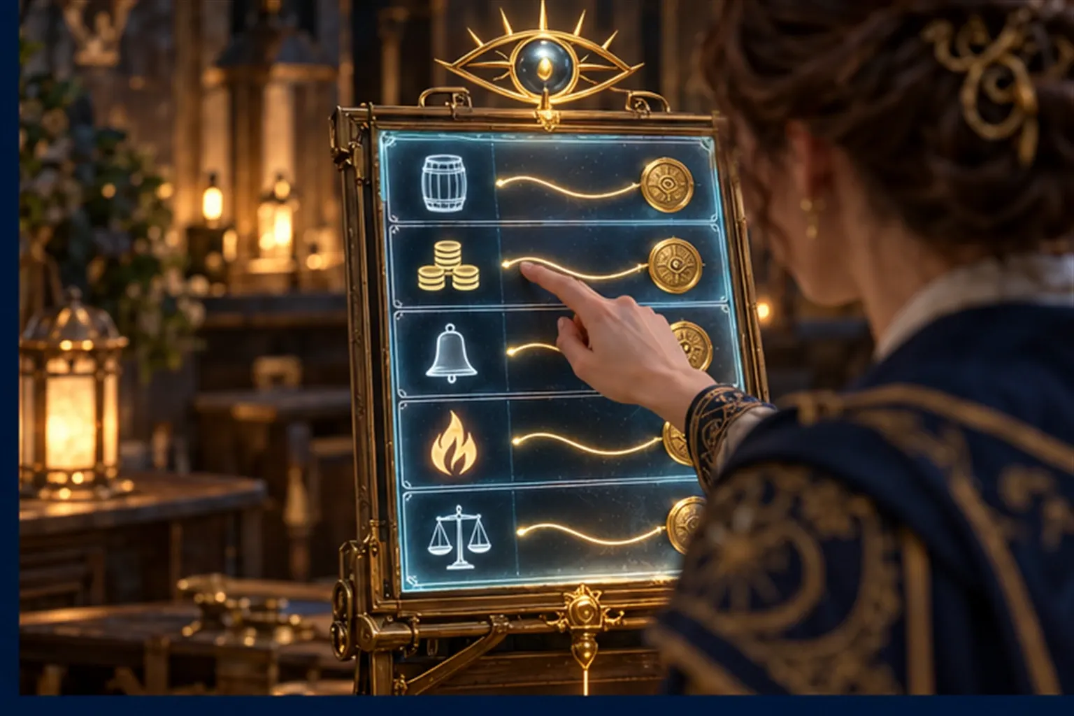 A Wizard's finger rests on one of five rows of pictograms on a glowing tablet, each row joined to a gold seal.