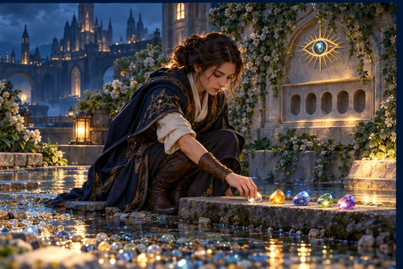 A Wizard lifts five bright pebbles from a stream full of them and lines them up on a stone slab beside a niche.