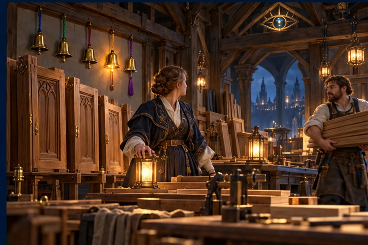 In a joiner's workshop a Wizard turns toward a glowing amber bell among five on the wall while a colleague lifts boards.