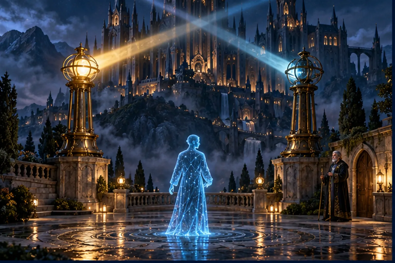 A cyan agent stands between two similar beacon towers, one bright and one dim, shining in different directions.