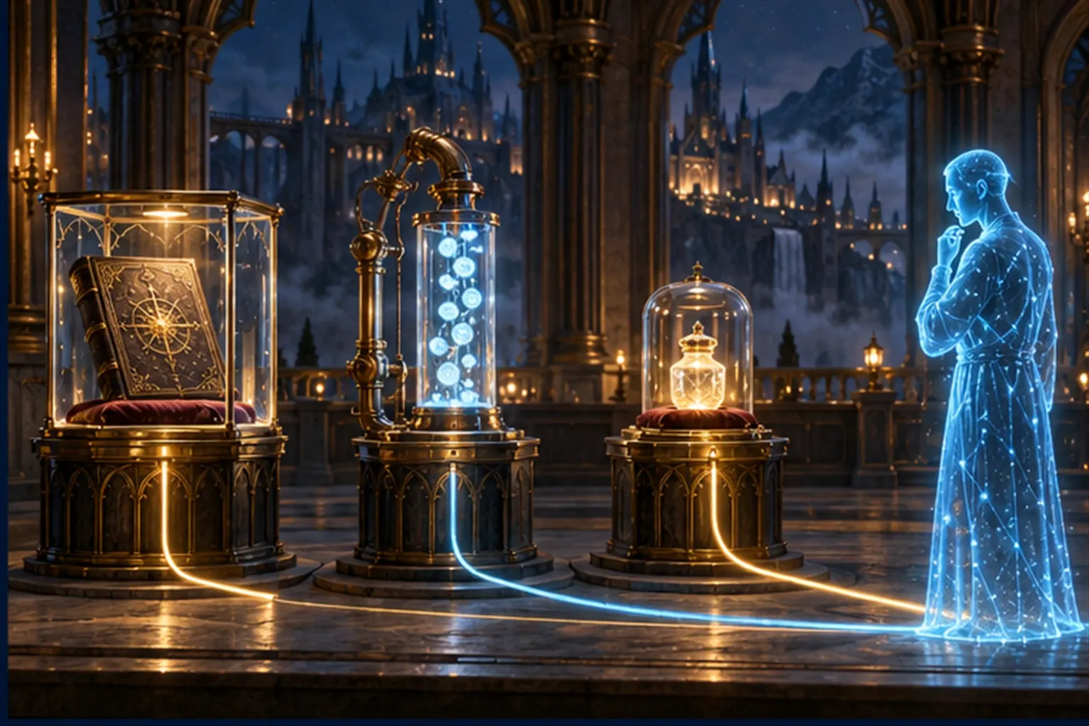 Three separate plinths, a tome in glass, a pipe of light beads and a small jar, each reaching a cyan agent by its own route.