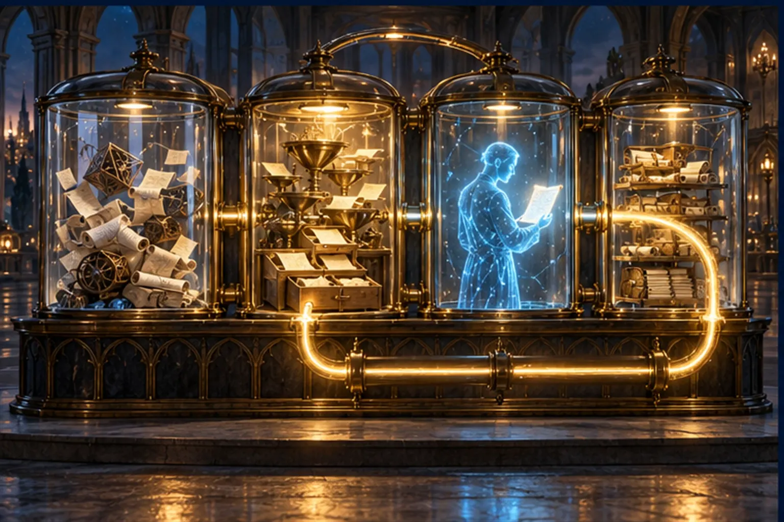 Four linked glass chambers: scattered sources, a sorting machine, a cyan agent with a glowing passage and a loop feeding back.