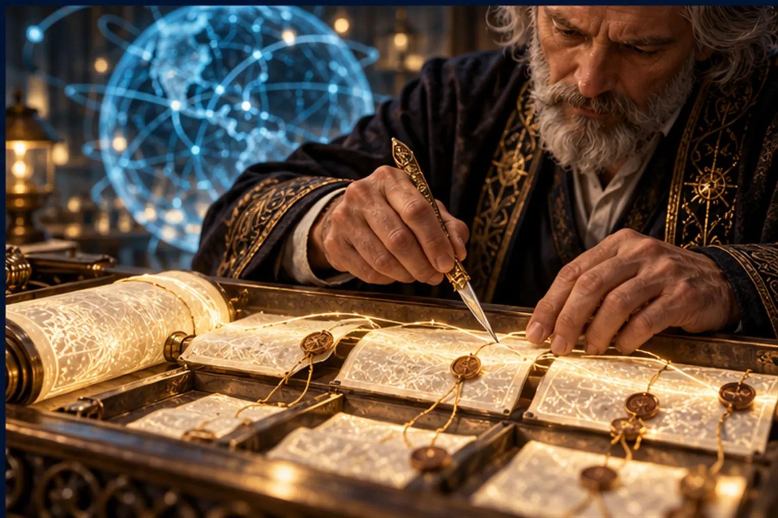 A Wizard splits a long glowing scroll along its seams, each piece keeping a tagged thread to its parent section.