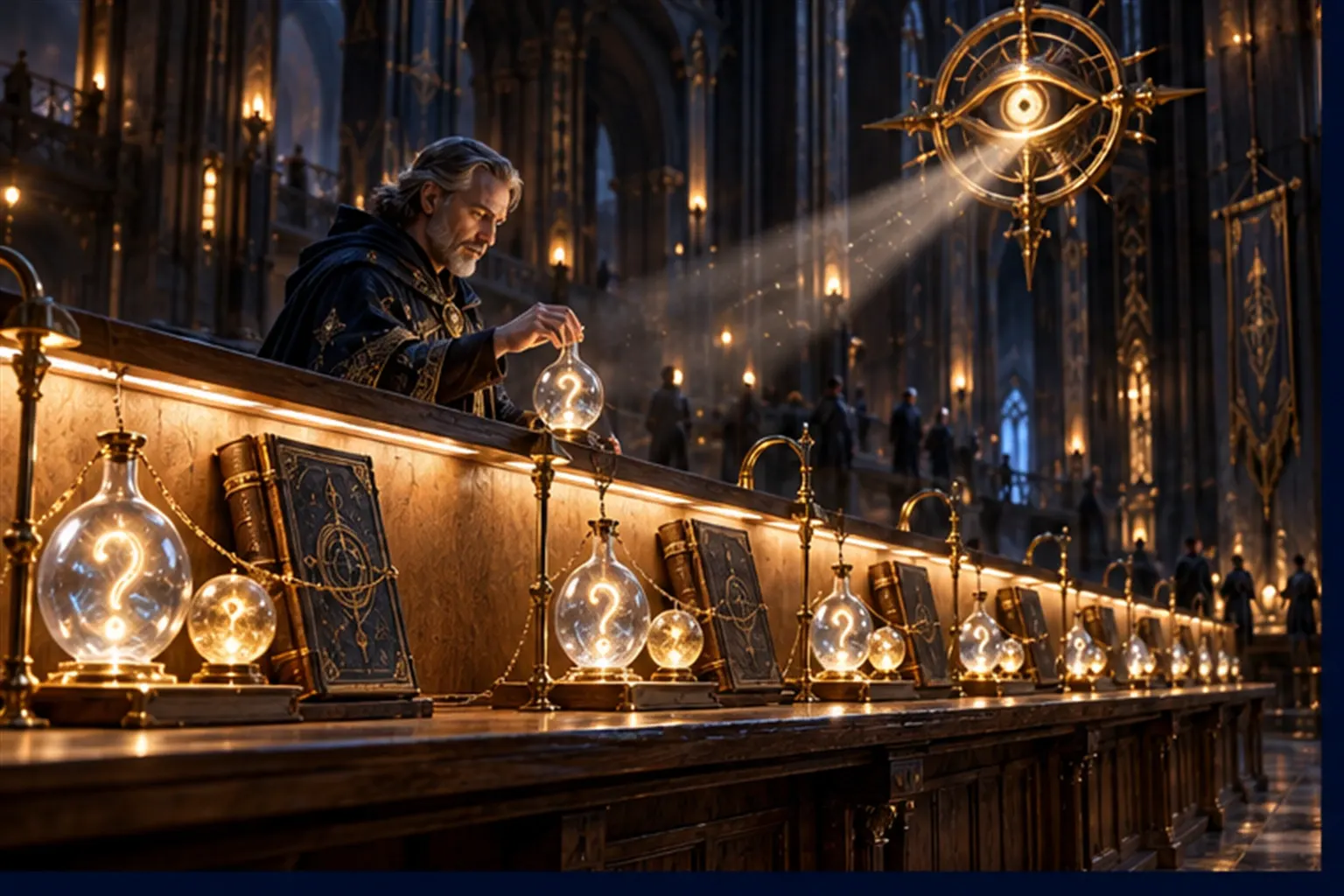 A Wizard adds a flask to a long shelf of question flasks, answer orbs and source tomes while an eye sigil sweeps it.