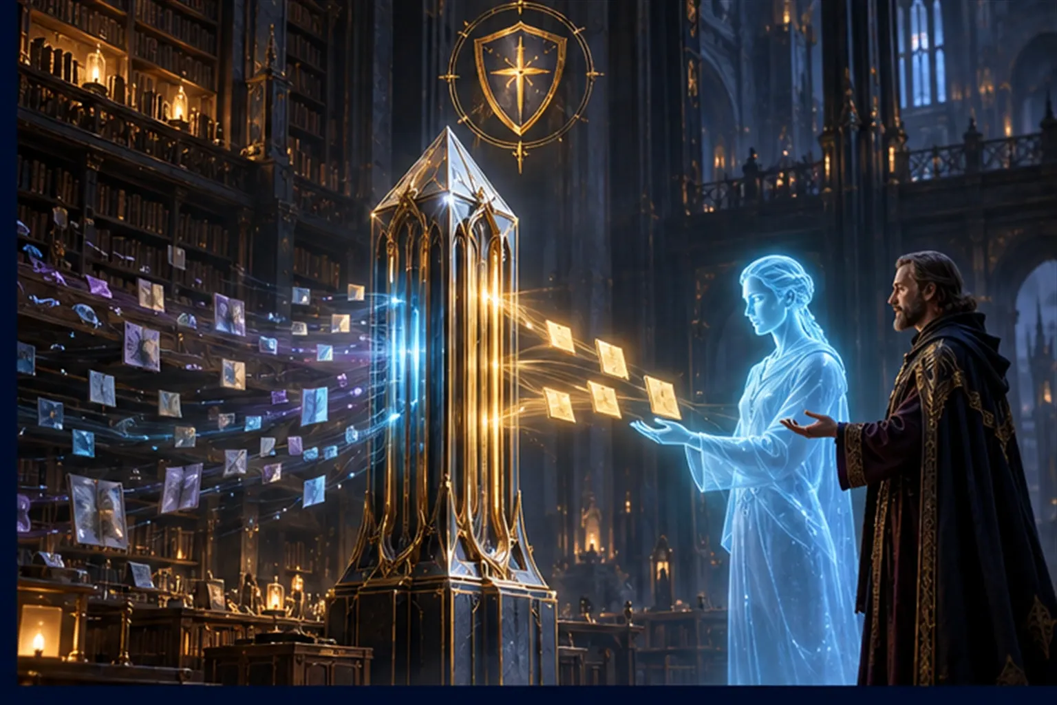 Lights of many shades stream at a tall filter; only gold ones pass through to a cyan agent beside a Wizard.