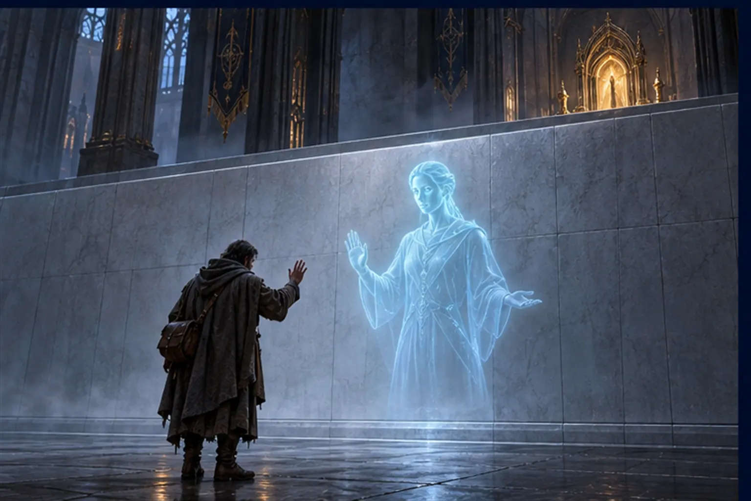 A tired traveller faces a smooth stone wall where a calm cyan figure gestures, while a warm door glows unreachable behind it.