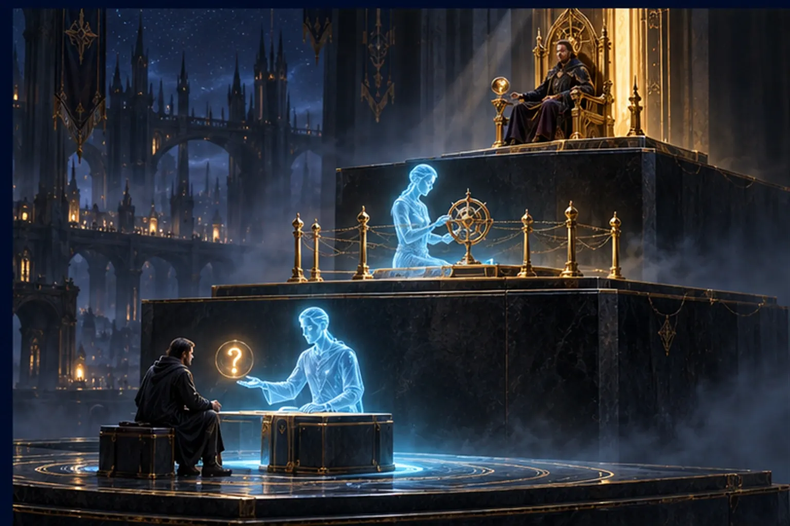 Three stone terraces: a cyan agent answers on the lowest, works inside a gold ring on the middle, and a Wizard sits alone on the top.