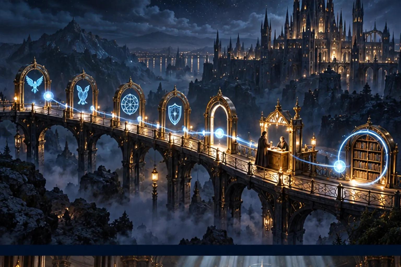 A winding walkway with seven gates, the first four marked by wing, owl, globe and shield sigils, ending in a loop back to books.