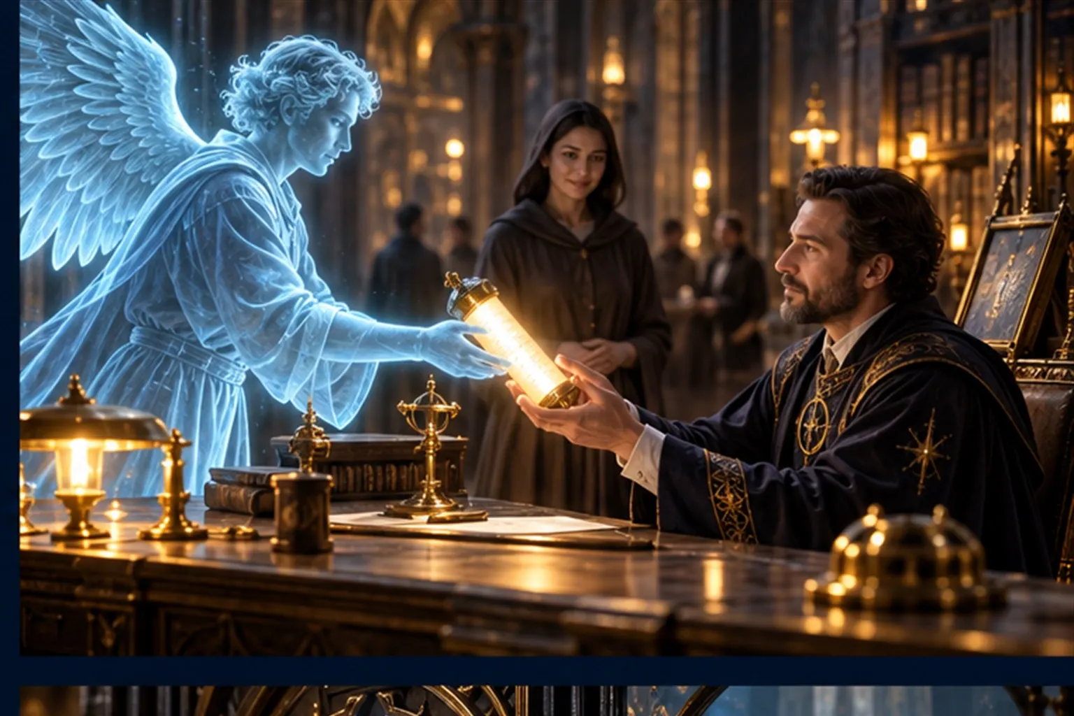 A winged cyan figure hands a glowing scroll-lantern to a seated Wizard at a reception desk while a customer waits calmly.