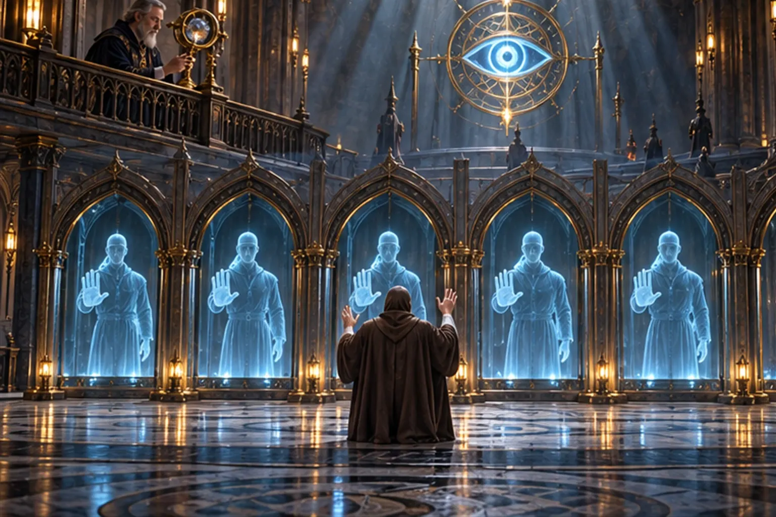 Five identical cyan figures in five archways refuse a cloaked petitioner in the same way while a Wizard watches from above.