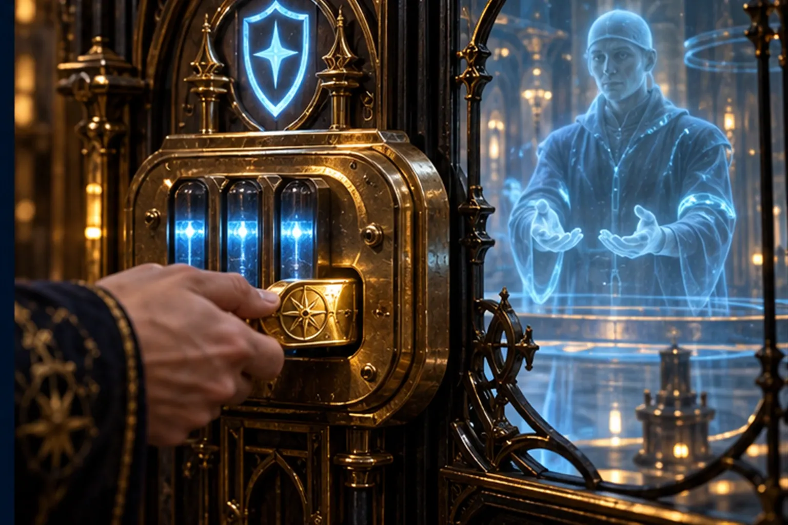 A brass lock with three glowing tumblers and a token half-inserted, with a cyan agent waiting behind glass.