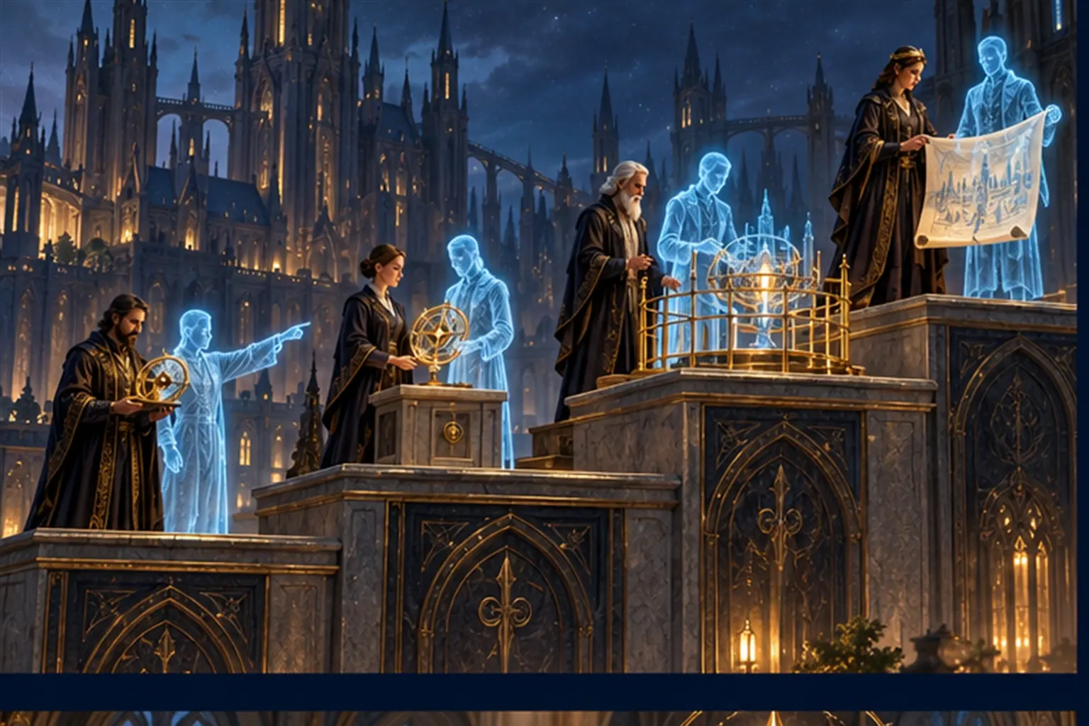 Four ascending plinths show an agent and a Wizard sharing a tool in different ways, from pointing to working within a fence.