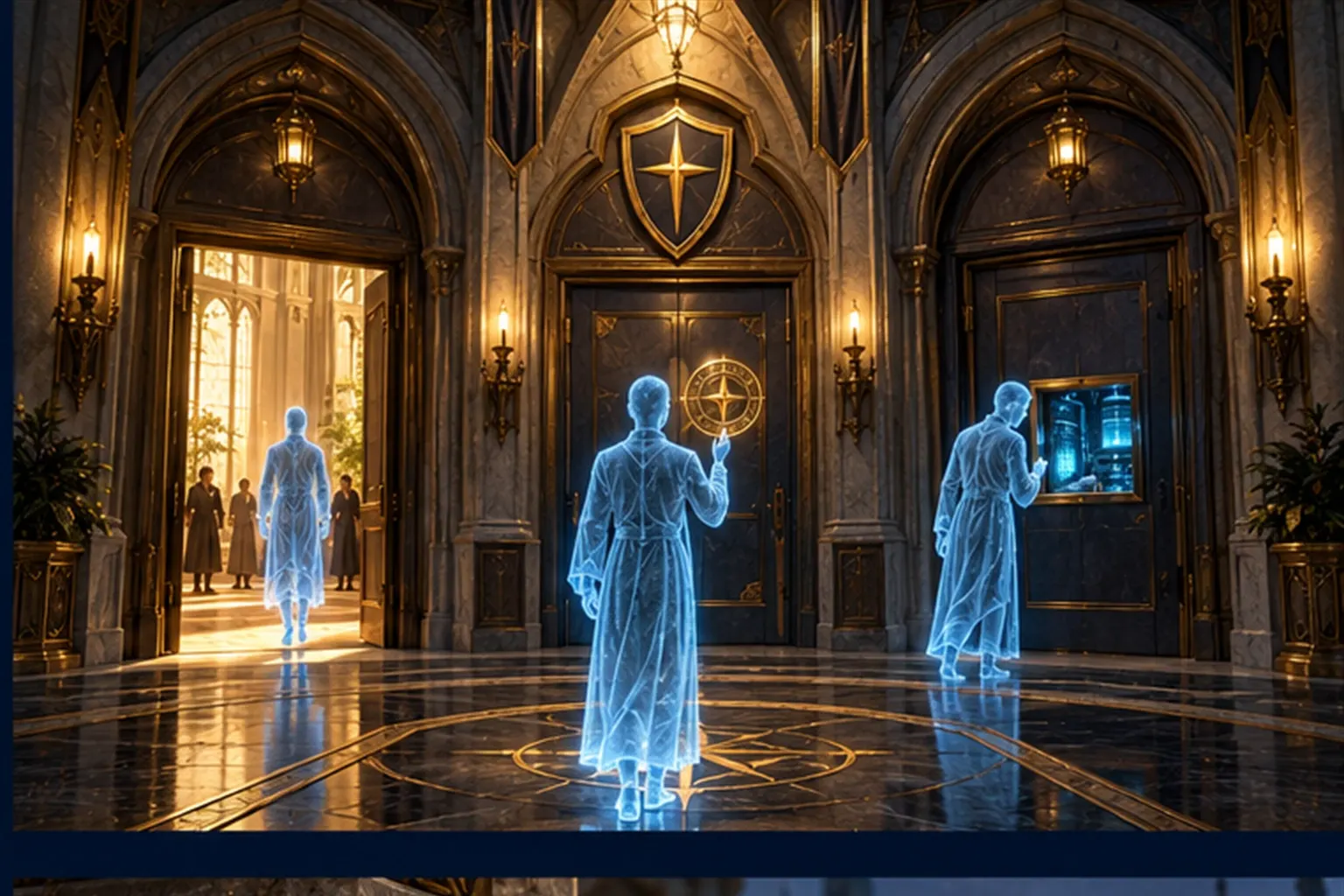 One cyan agent stands at a junction of three doors: it passes through one, waits at another and only looks through the third.