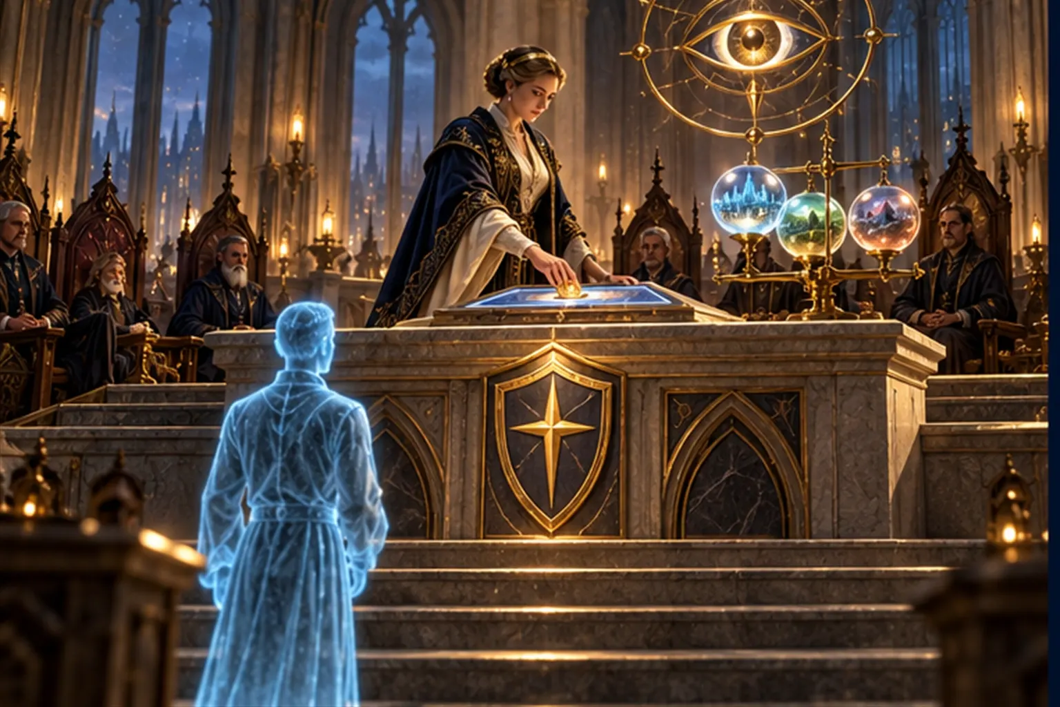 A Wizard seals a glowing tablet on a dais beside a balance of evidence orbs while a cyan agent waits below the steps.