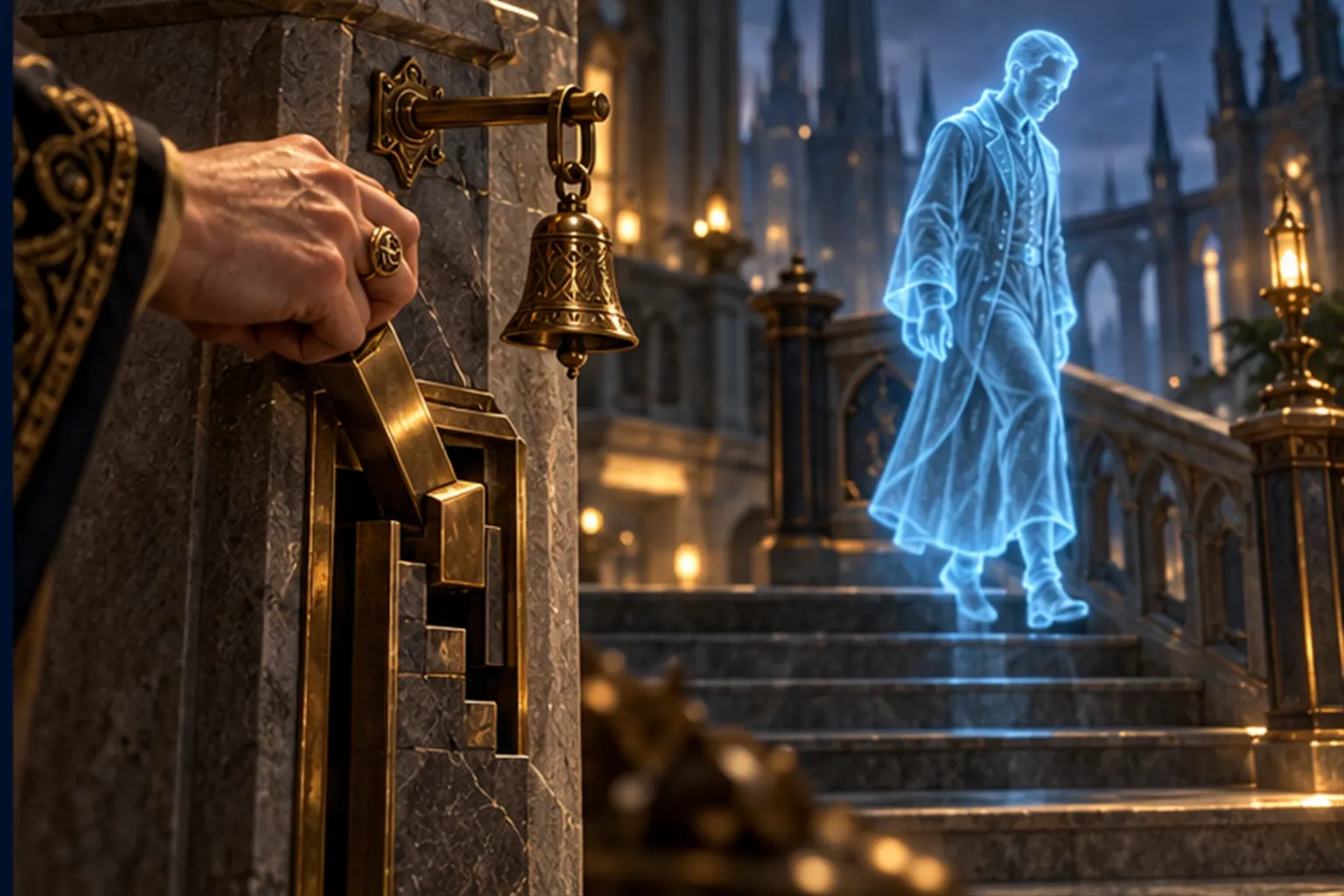 A Wizard's hand lowers a brass lever one notch while a cyan agent calmly steps down one stair behind it.