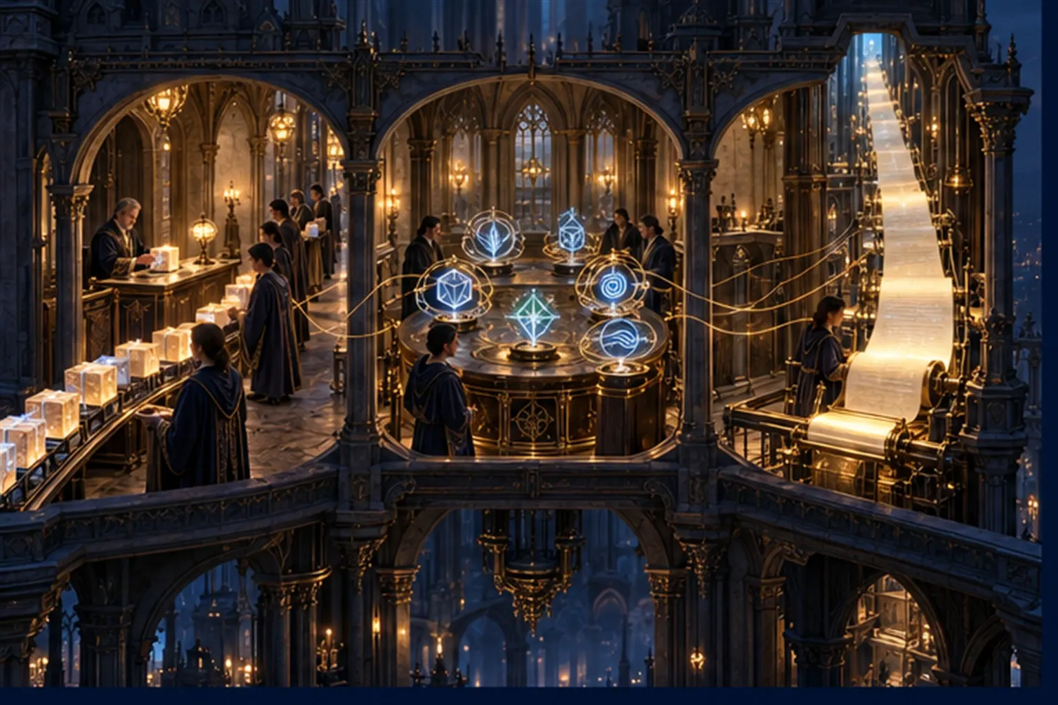 A cutaway of three chambers: an approval desk with a queue of parcels, a table of ringed agent sigils and an unrolling scroll.