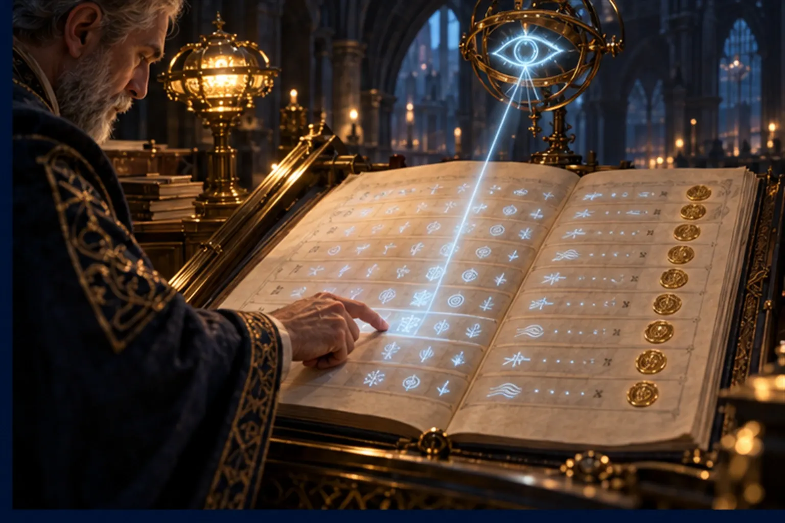A Wizard's finger follows a row of tiny glowing pictograms on a large open ledger under a hovering eye sigil.