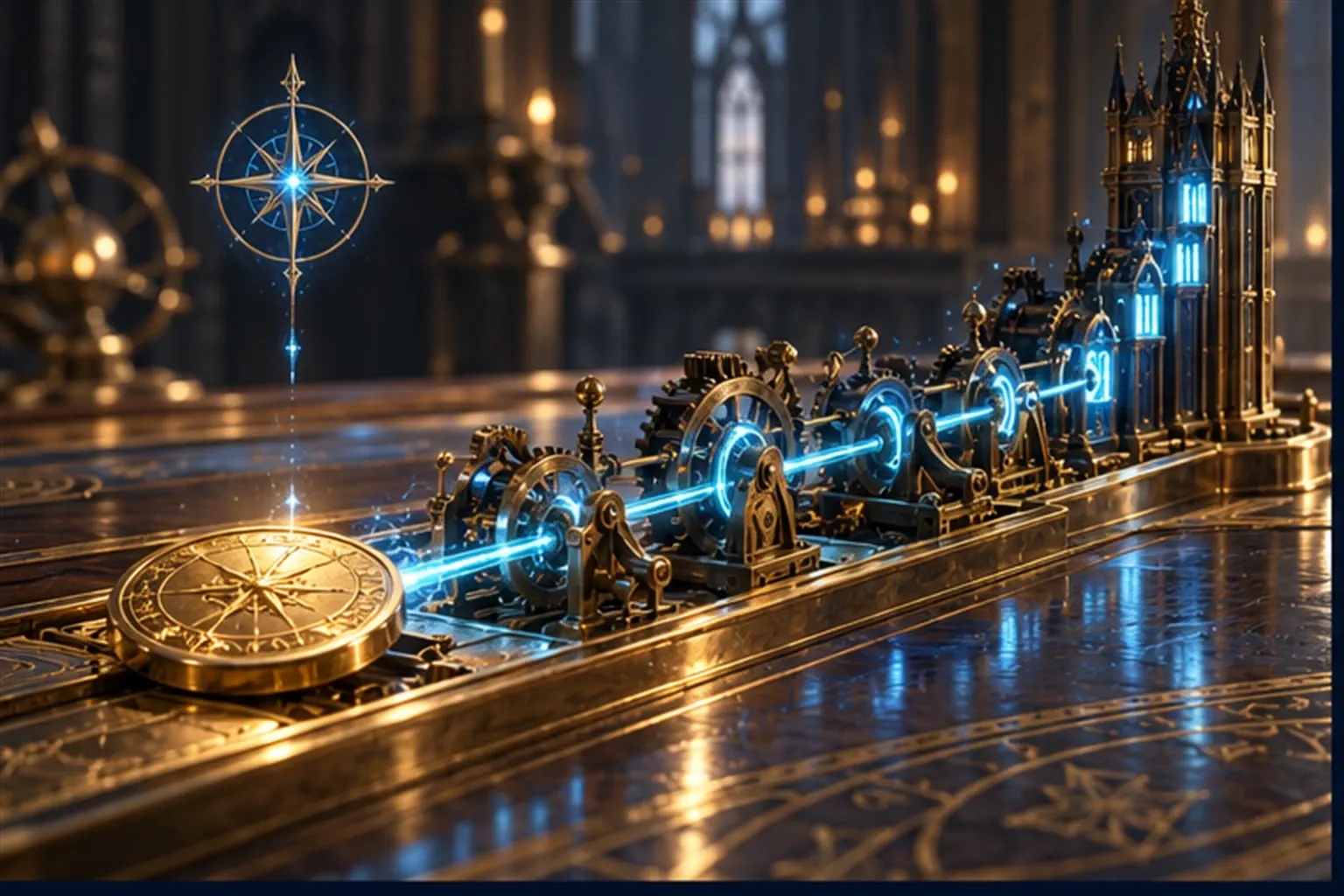 A gold sealed disc starts a cyan pulse running through brass gears and levers to light the windows of a miniature tower.