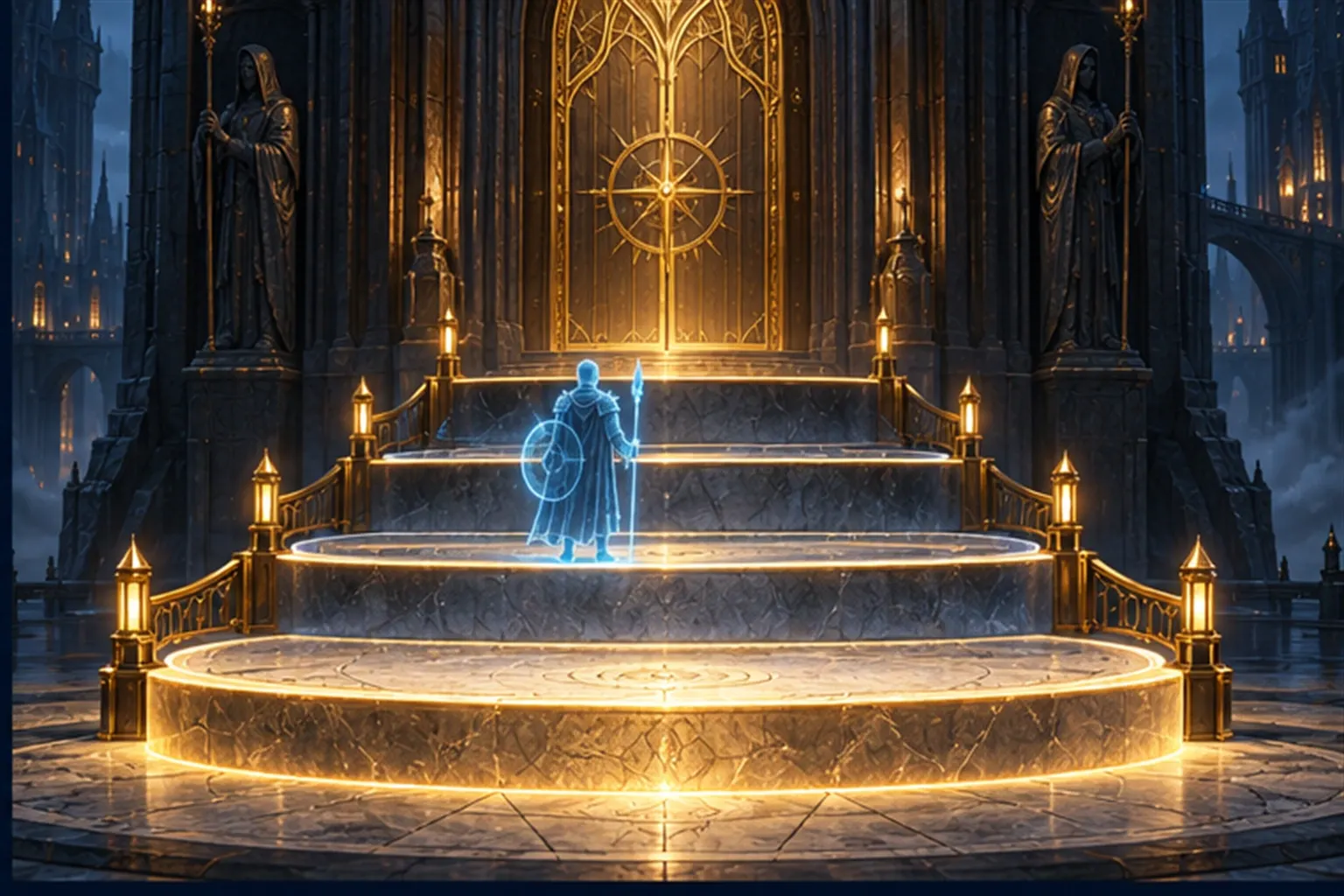 A staircase of four widening steps to a closed gate, a small cyan Ares figure on the second step, low gold rails along the edges.