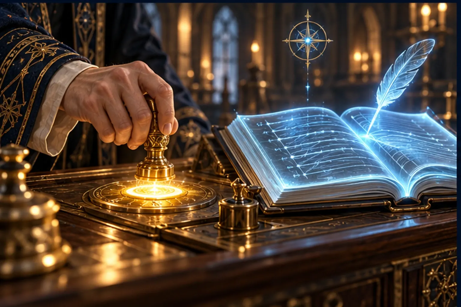 A Human Wizard's hand presses a golden seal on a glowing token at a brass lectern, beside an open book of light recording each action.