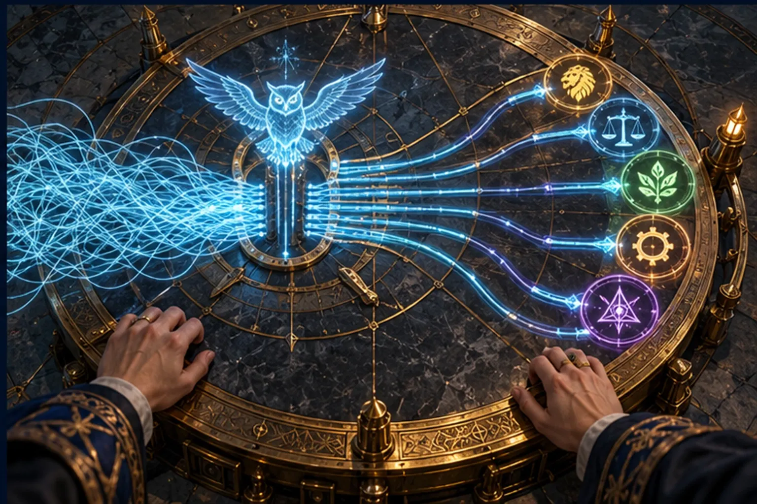 A round brass table where a tangle of cyan threads passes under an owl sigil and fans into neat lanes to agent sigils.