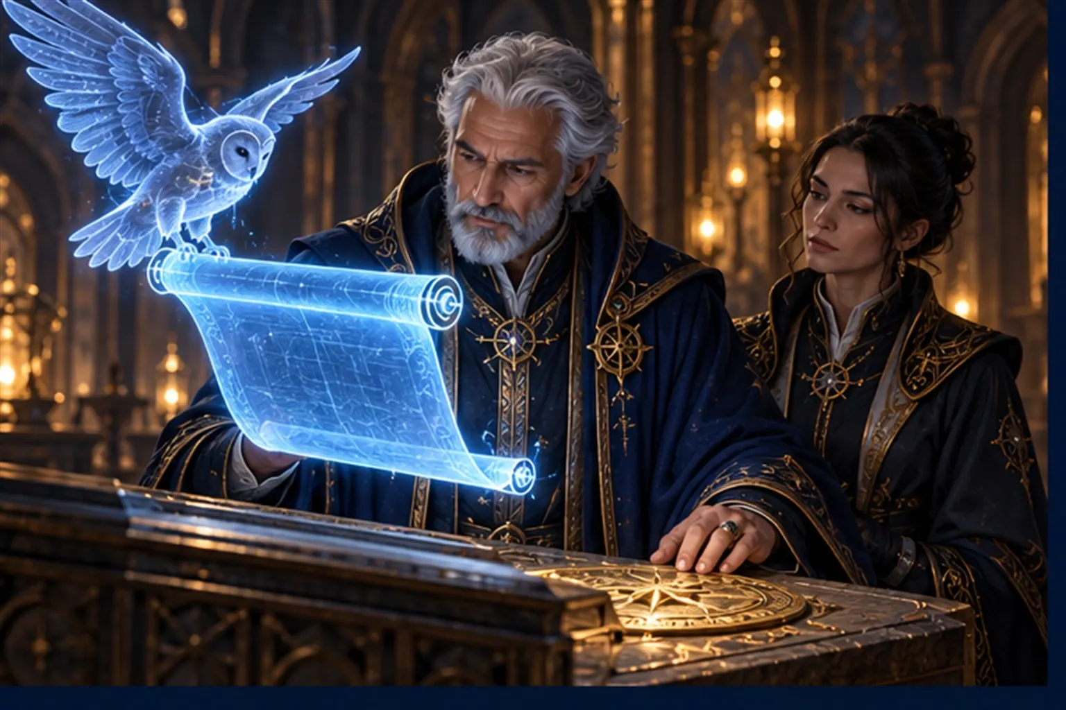 A silver-haired Wizard reads a glowing plan offered by an owl sigil, a hand beside a golden seal on a stone lectern.