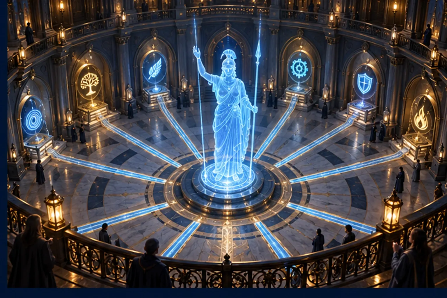 A circular hall with Athena's cyan hologram at the centre and eight sigil alcoves, each lane of light kept inside gold lines.