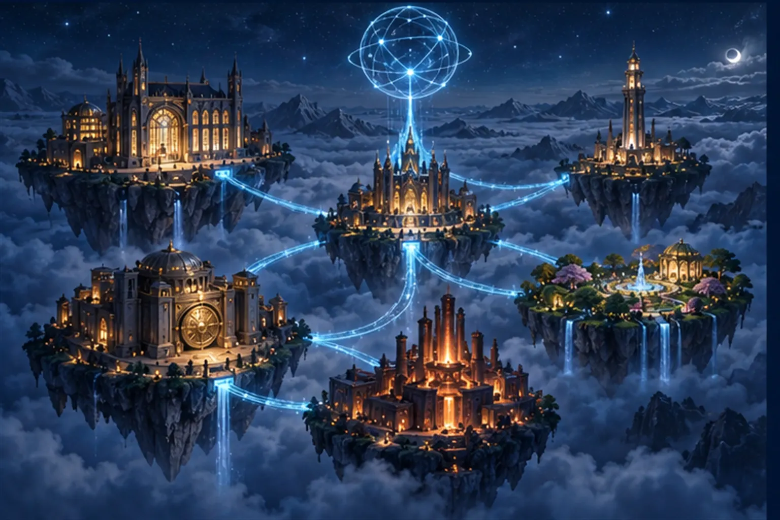 Aerial view of five floating isles joined by cyan bridges, one bright thread tracing a piece of data back to its glowing origin.