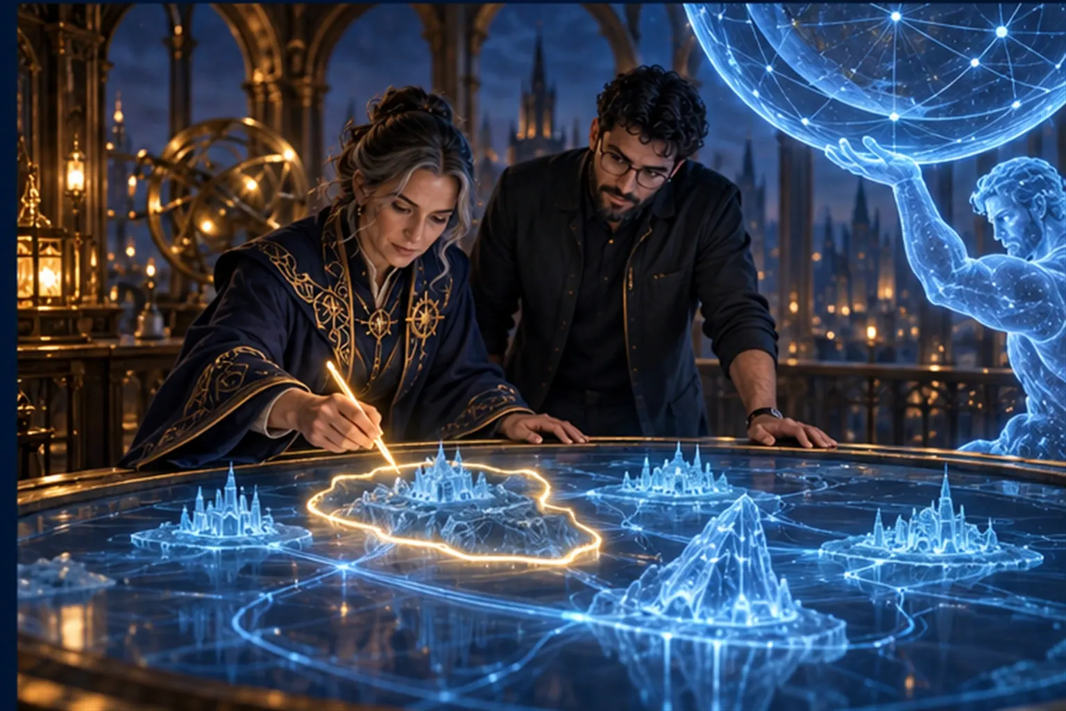 A Wizard and a data engineer lean over a systems map as the Wizard draws a gold outline and a cyan Atlas hologram steadies it.