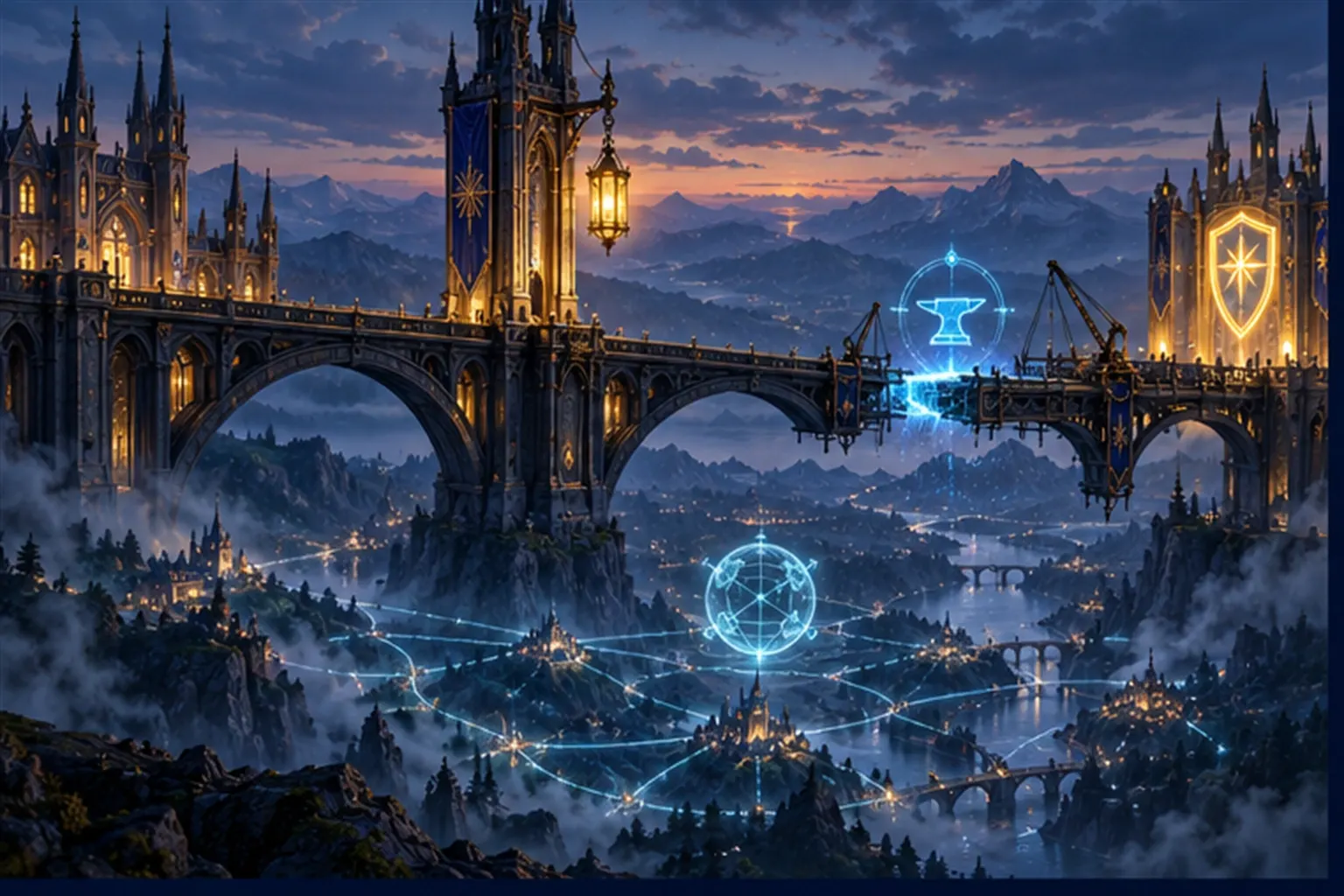 A stone-and-brass bridge at dusk over a valley of cyan dependency lines, a last span being forged and a shield gate at the far end.