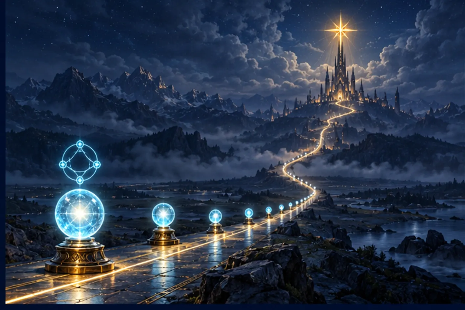A road of light crosses a dark plain to a gold star above a distant spire, with glowing orbs lined up along it, brightest first.