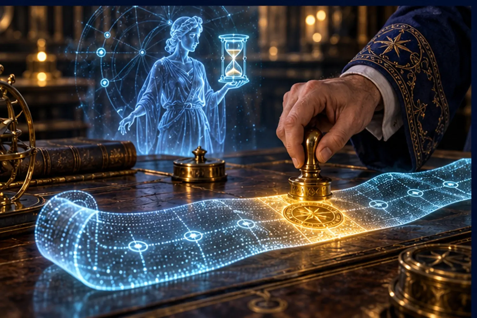 A Wizard's hand seals one section of a pale cyan ribbon of light, turning it solid gold, beside a Chronos hologram with an hourglass.
