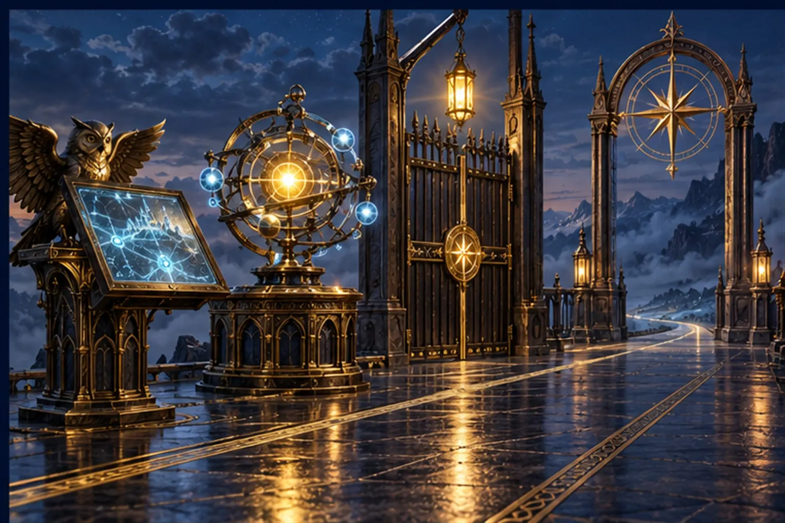 Three stations on a path, an owl lectern, a brass orrery and a compass-rose arch, with a sealed golden gate before the last.
