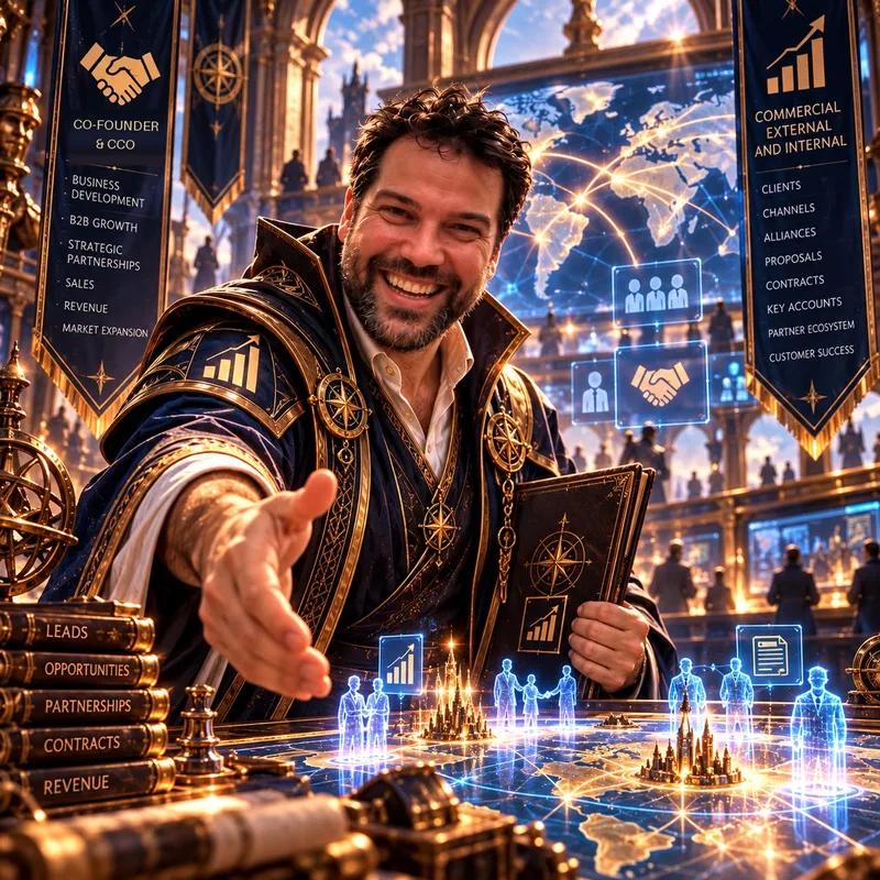 Illustration of Gabriel Baptista, Co-Founder and Chief Commercial Officer at Agentic Wizards, as a wizard extending a handshake