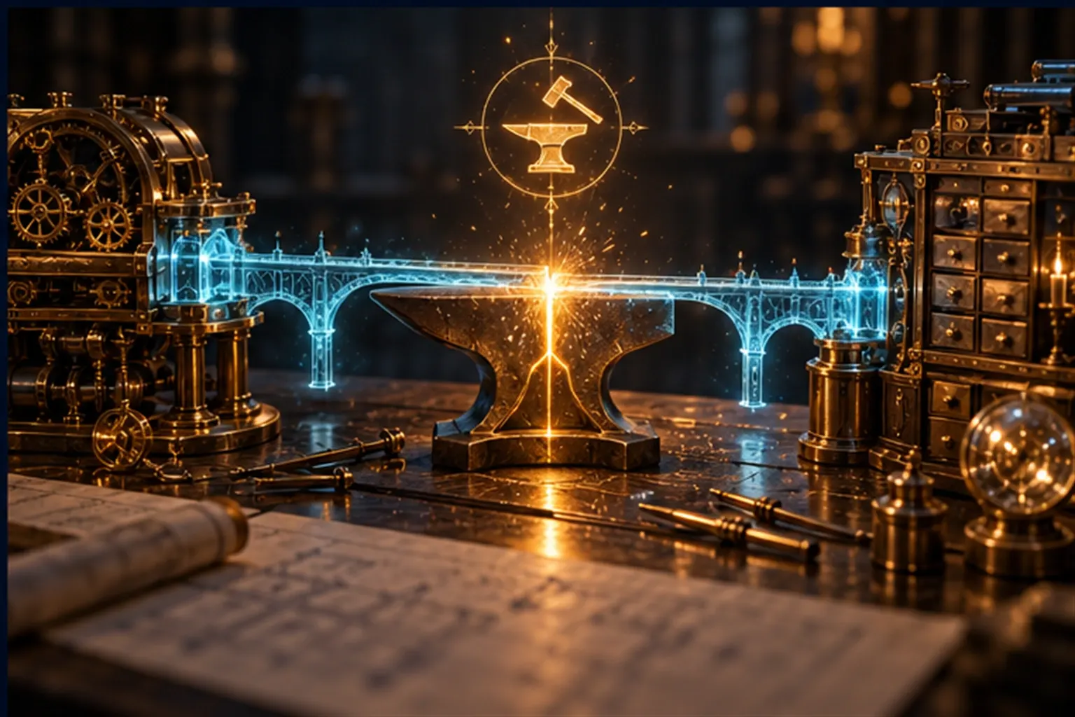 A glowing anvil joins a new cyan bridge section between two different brass machines, amber sparks lifting from the join.